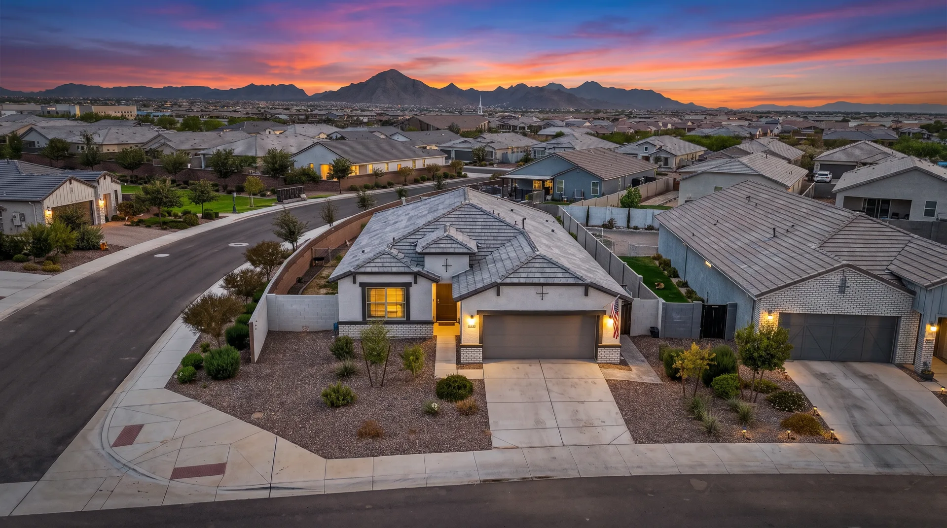 Corner-lot home, daytime vs twilight — after
